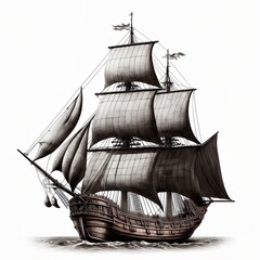 Simple Old caravel, realistic, isolated on white background. Sailboat antique vintage Illustration Isolated On White. generative ai