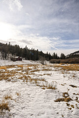 barn in the snow in Colorado - rural winter living