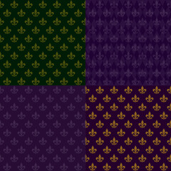Set of Mardi Gras backgrounds. Four seamless backgrounds with royal lilies with Mardi Gras party style. Vector illustration for design and web.