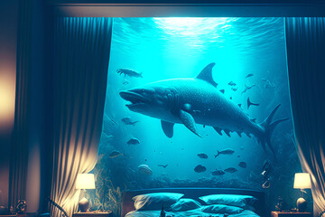 Obraz na płótnie Canvas Luxury resturant or hotel in under the deep sea with a shark. Generative AI.