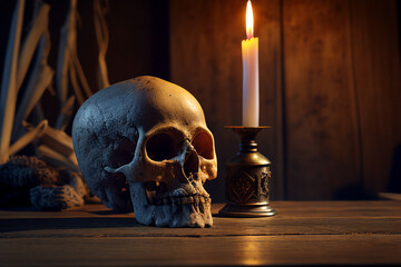 Skull and candles in mystic ritual room With Generative AI