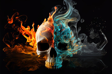 One half of the skull is fire and the other is water With Generative AI