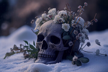 The skull was placed on the snowy ground, flowers were growing around the skull With Generative AI