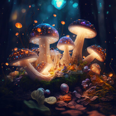 Fototapeta na wymiar Neon mushroom with bokeh light in background 