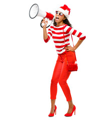 PNG of a young woman wearing a Christmas hat holding a megaphone posing isolated on a PNG background.