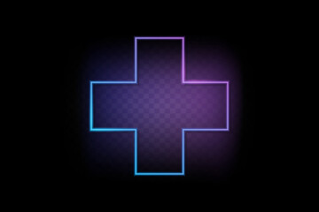 Fototapeta premium Neon color light plus symbol frame. Retro fluorescent border. Object on transparency gradient background vector. Neon line in graphic style.