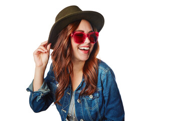 Woman, smile and hat with glasses in fashion with style for summer against a white studio background. Happy isolated female smiling in happiness for stylish sunglasses or clothing on white background