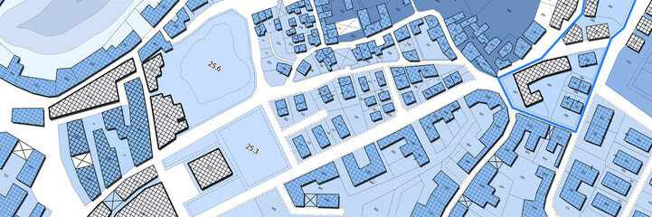 Imaginary cadastral map of territory with buildings, roads and land parcel - Imaginary cadastral map of territory with buildings, roads and land parcel - Web banner design concept