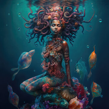 Beautiful mermaid girl at the bottom of the ocean