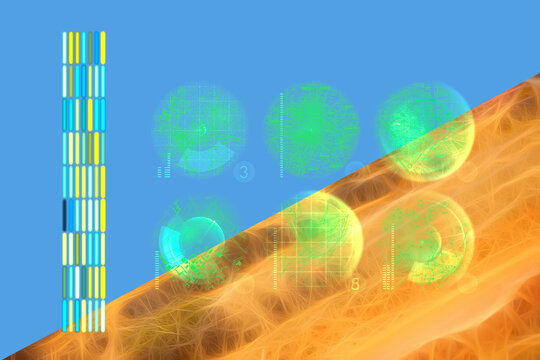 abstract art with orang, green and blue tones, with circles tracking streets of the town