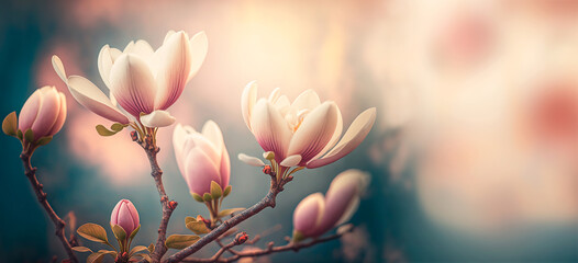Magnolia blossoms close up. Blooming magnolia tree. Spring floral pastel background. Blurred backdrop, Copy space.