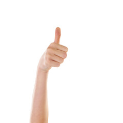 Thumbs up, hand and winner hands of a person with yes, achievement and motivation gesture. White background, mock up and isolated model in a studio showing agreement, deal and satisfaction signs