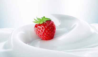 Strawberry with cream, yogurt, isolated on white background - 3D illustration