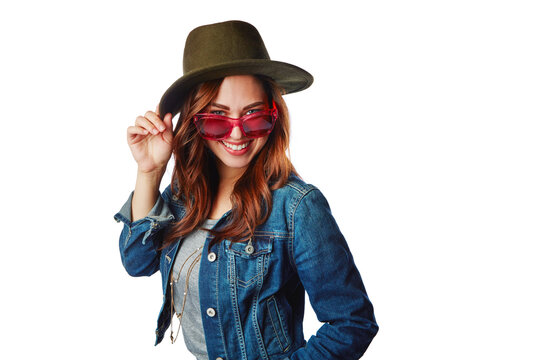 Woman, portrait or fashion sunglasses on isolated white background for trendy, cool or hipster brand marketing. Smile, happy or gen z model with clothing, hat or creative clothes on mock up backdrop