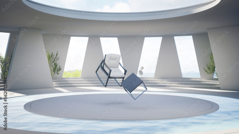 Poster round concrete podium floor and water in pool. 3d rendering of abstract interior space with sea view