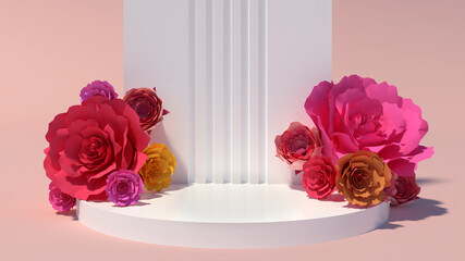 White love podium or showcase 3D rendering with blooming roses in luxury style for valentine's day, mother's day, father's day and web banner background.