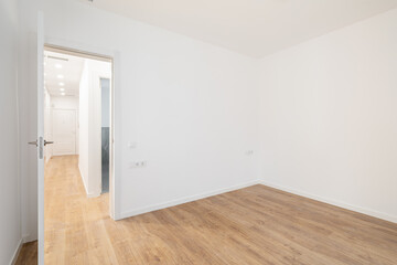 Empty room with laminate flooring and newly painted white wall in refurbished apartment with corridor leading to other rooms. Repair and construction concept.
