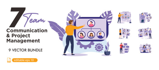 Team communication and project management concept. Cooperation, interaction of employees at work. Workflow and job organization in modern company. business flat bundle illustration