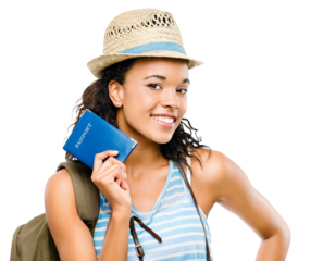 PNG of a young woman holding her passport ready to travel isolated on a PNG background.