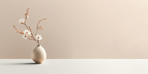 Sakura cherry blossom branch in ceramic vase on table. Beige wall background. Front view place for text, copy space, empty space. Generative AI - obrazy, fototapety, plakaty
