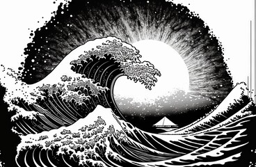 great wave Kanagawa, black line illustration