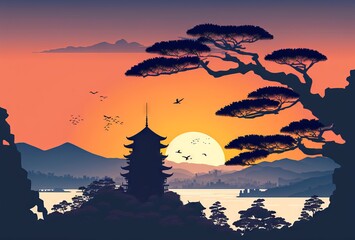sunset in spring kyoto, vector illustration