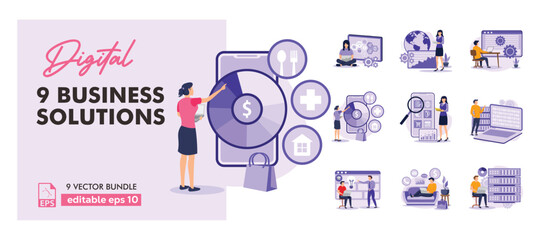 Stock market, finance, capital investment. Scenes with people trading on the stock exchange. business flat bundle illustration