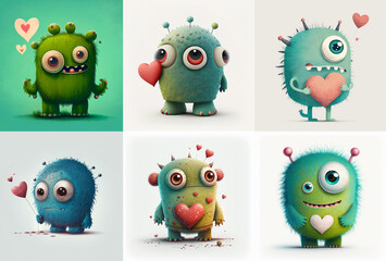 Cute love monsters illustrations with hearts, AI generated
