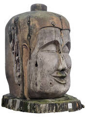 Fototapeta na wymiar Isolated PNG cutout of a wooden sculpted head of Buddha on a transparent background, ideal for photobashing, matte-painting, concept art 