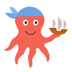 Cute little octopus playing, holding a sea ship in his hand or tentacle. Illustration of a kraken in a children's flat style, pirates and sea adventures concept. Vector graphics