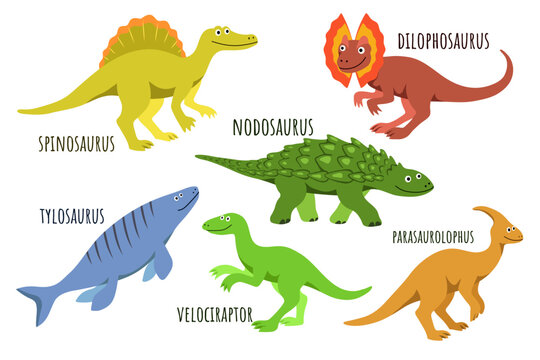 Set of cute happy dinosaurs, with the names of each, the inhabitants of the ancient world in the style of a children's cartoon smiling, spinosaurus and parasaurolophus, nodosaurus and velociraptor