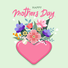 Mother's day greeting card with a bouquet of beautiful flowers with a big pink heart on green background