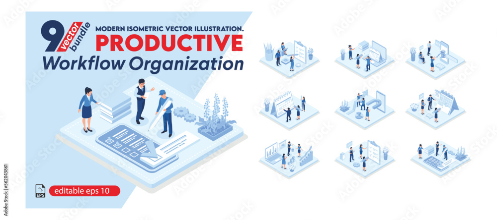 Poster productive workflow organization. collection of scenes with people organizing and improving their wo