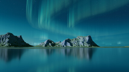 Beautiful Sky with Aurora and Stars. Blue Northern Lights Wallpaper with copy-space.