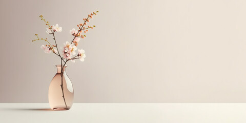 Sakura cherry blossom branch in glass vase on table. Beige wall background. Front view place for text, copy space, empty space. Generative AI