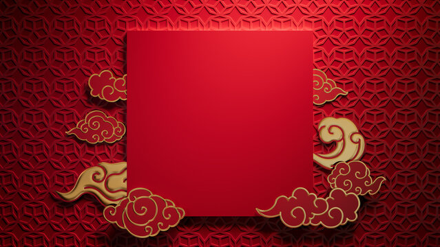 Lunar New Year Template with Square Frame and Clouds on 3D Patterned Background. Red Asian design with copy-space.