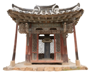 Isolated PNG cutout of a small traditional Korean temple  with a stone tablet inside on a transparent background, ideal for photobashing, matte-painting, concept art
