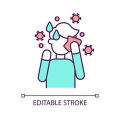 Influenza RGB color icon. Contagious disease. Infectious illness. Coronavirus symptom. Sick patient with fever. Isolated vector illustration. Simple filled line drawing. Editable stroke