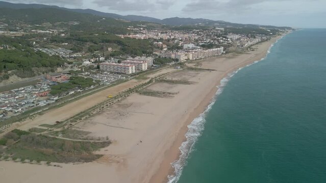 Aerial images with drone of arenys de mar province of Barcelona touristic catalan town with huge beaches mediterranean sea