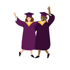 Happy graduates girls wearing academic gown and hat. Students celebrating university graduation and hugging. Flat vector illustration.