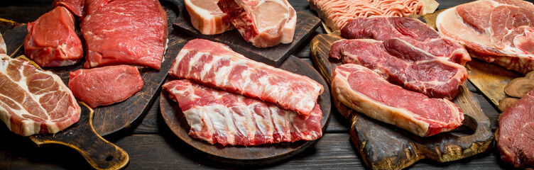 Raw meat. Different kinds of pork and beef meat.