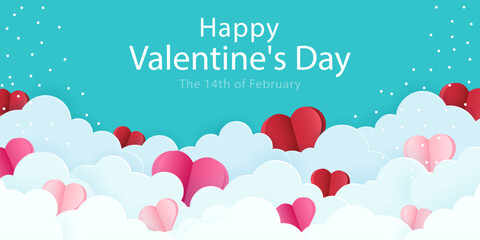 Naklejka na ściany i meble Poster or banner with blue sky and paper cut clouds with paper hearts. Valentine's Day. Vector