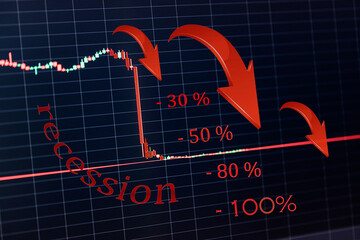 Creative crash recession chart with falling red arrow percentage recession inflation red words as business finance stock market and cryptocurrency background concept design. Red market copy space