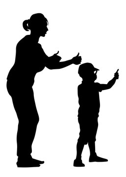 Mother and son walking. Silhouette people on white background