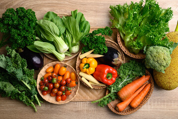 Fresh organic vegetables from local farmers market, Sustainability concept, Table top view