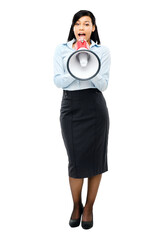 PNG of a young businesswoman screaming into a megaphone isolated on a PNG background.