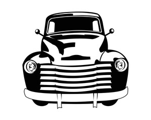 classic pickup truck silhouette for sale. front view on a white background isolated in style. best for logo, badge, emblem concept, truck industry. available eps 10. © DEKI WIJAYA