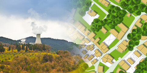 Power our cities with renewable and sustainable energy - concept with an imaginari city map and a geothermal power station