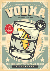 Alcoholic drink vintage poster pub advertisement with glass of vodka and lemon slice. Retro flyer vector image. - obrazy, fototapety, plakaty