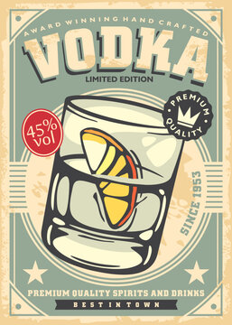 Alcoholic drink vintage poster pub advertisement with glass of vodka and lemon slice. Retro flyer vector image.